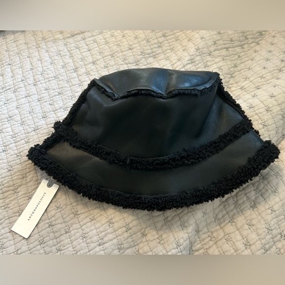 Anthropologie Black Faux-Leather Bucket Hat with Sherpa Trim main image 4